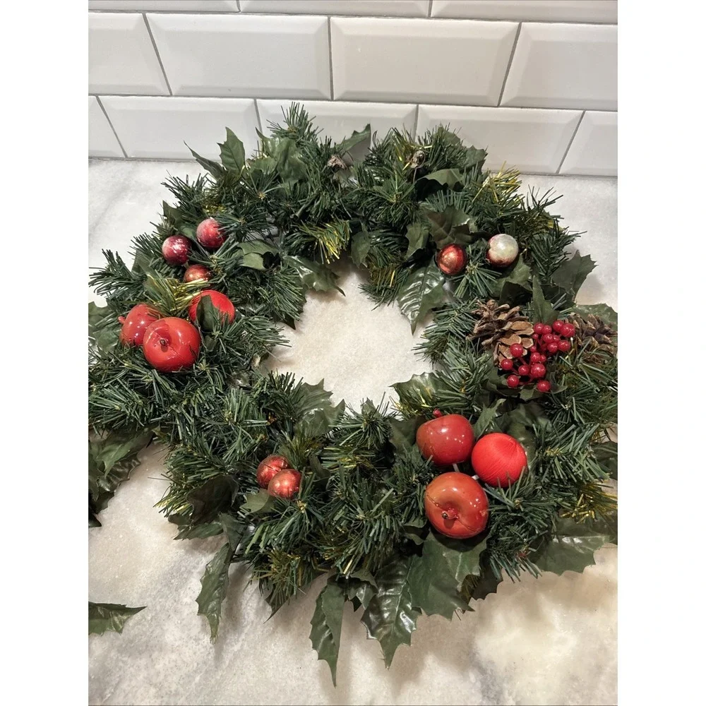 Pair Of Vintage Holiday Wreaths/candle Rings With Apples/berries/pine‎ Cones